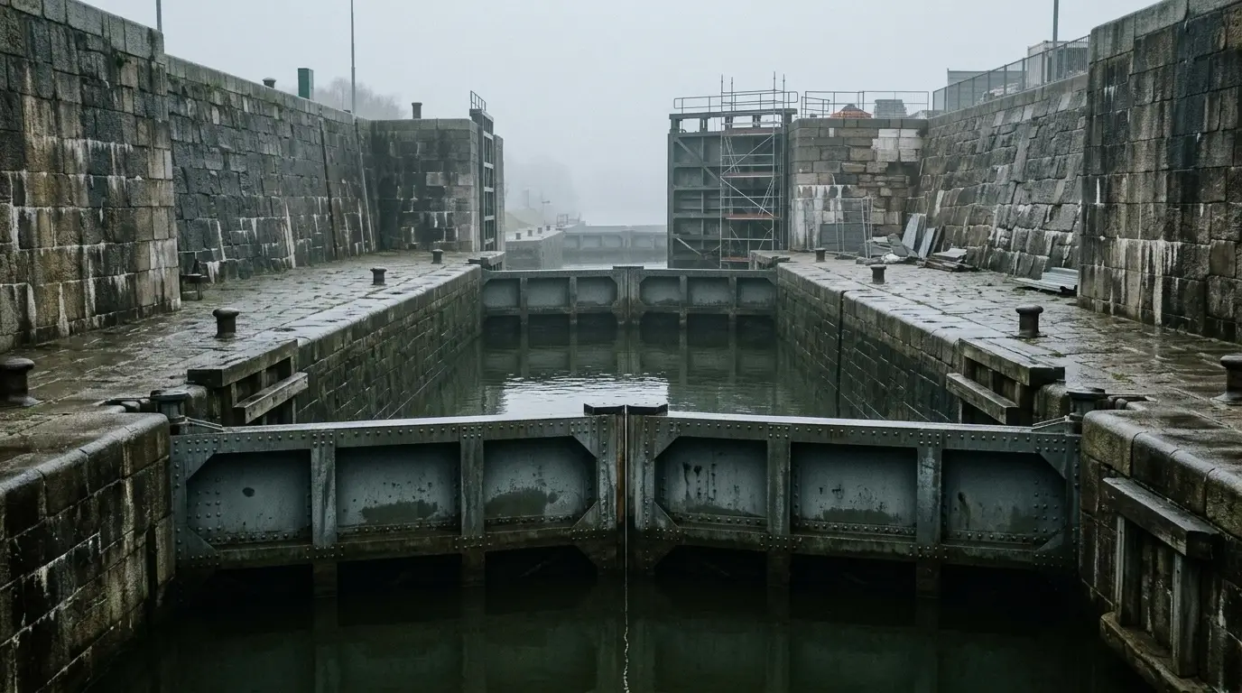 Four canal locks in a row under fog; the furthest gate is still scaffolded