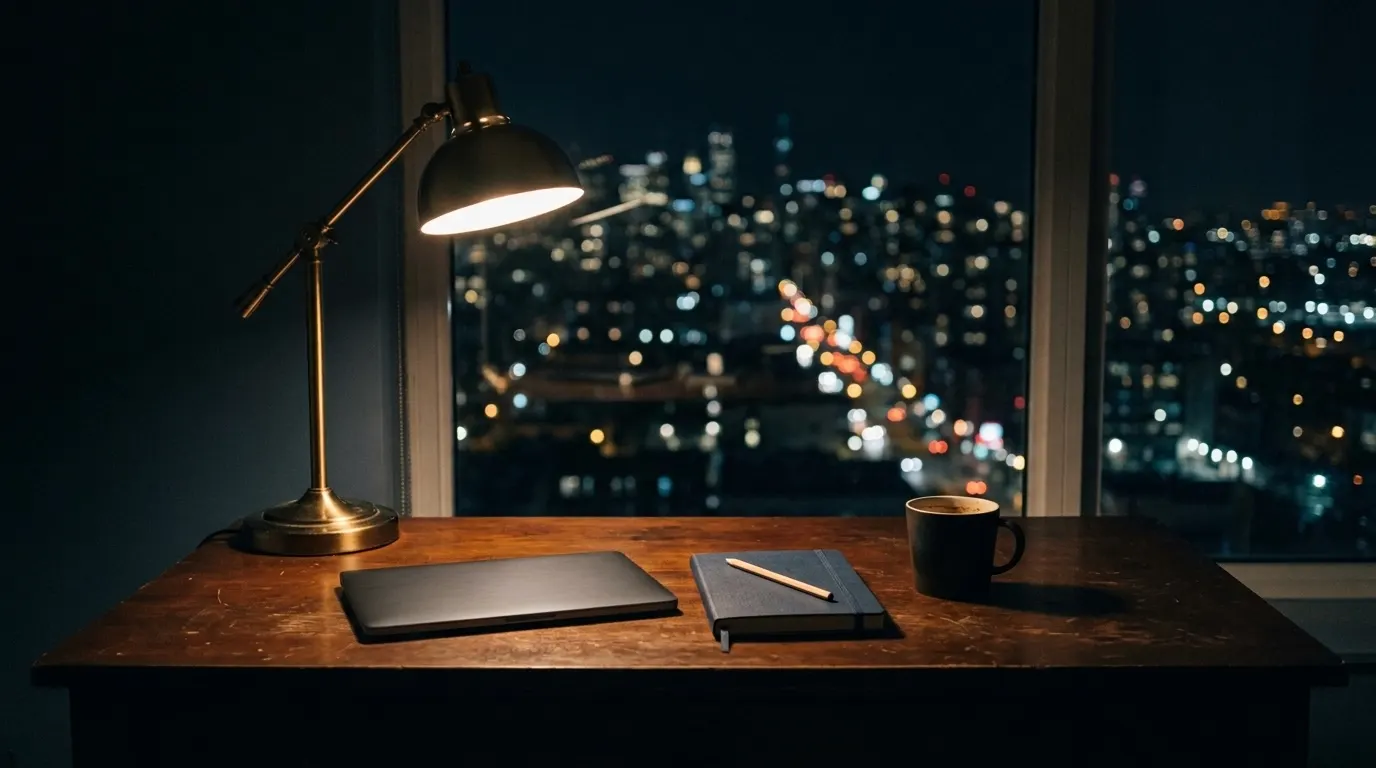 A desk at night: lamp on, laptop closed, notebook and mug, the city out of focus behind