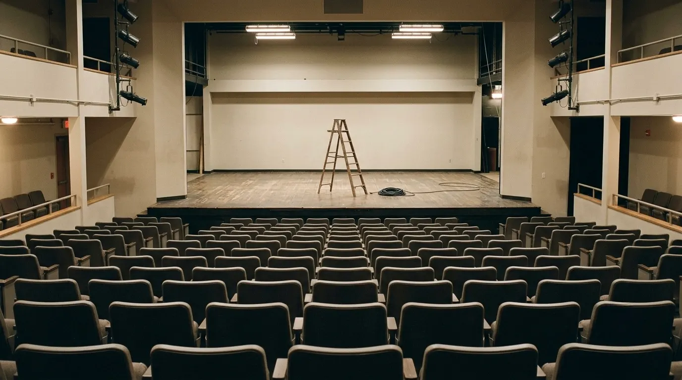 An empty theatre with the house lights on and the stage bare: a ladder and a coiled cable